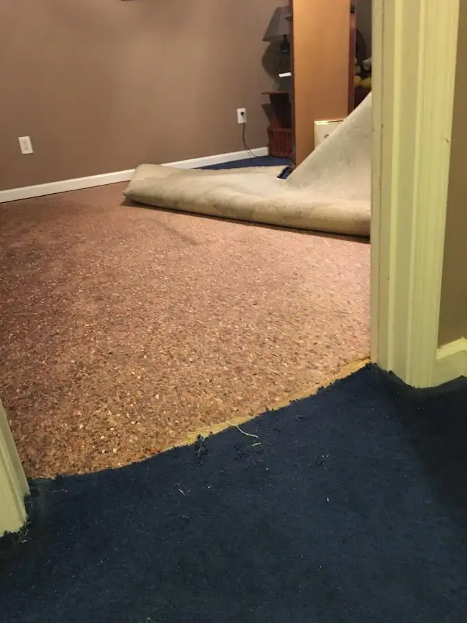 Carpet pad removal revealing water damage during Water Mitigation Services in Brock Hall